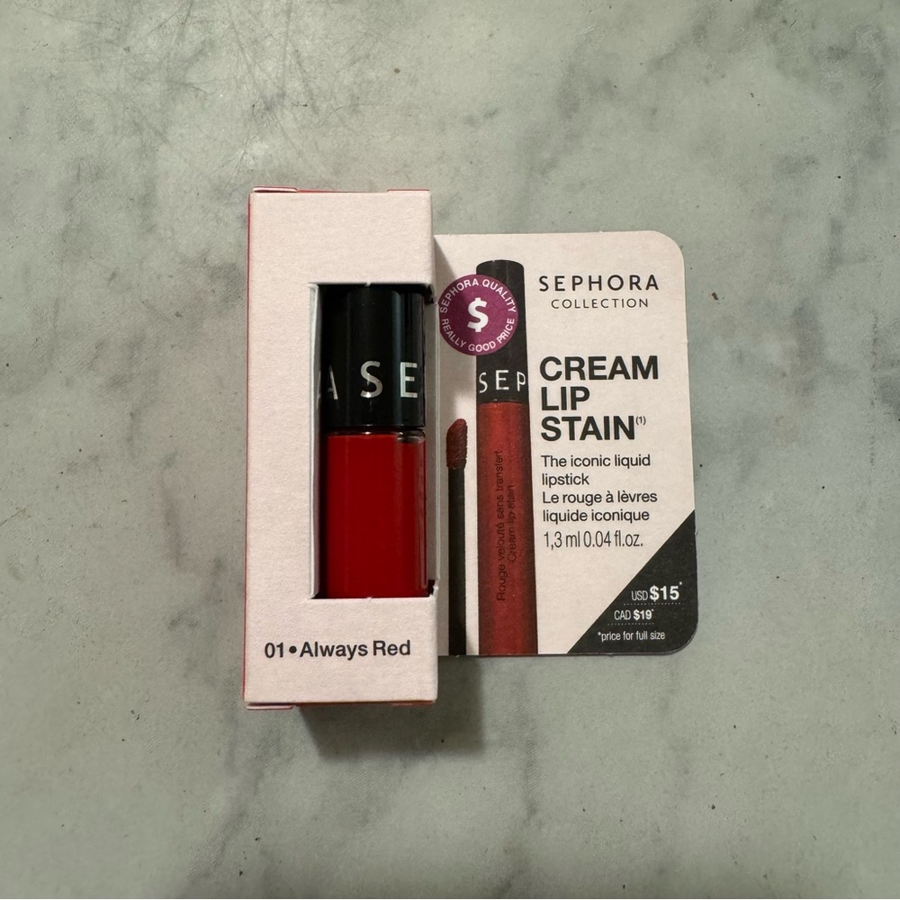 5/$25! Sephora Cream Lip Satin in 01 Always Red 1.3 ml / 0.04 fl oz